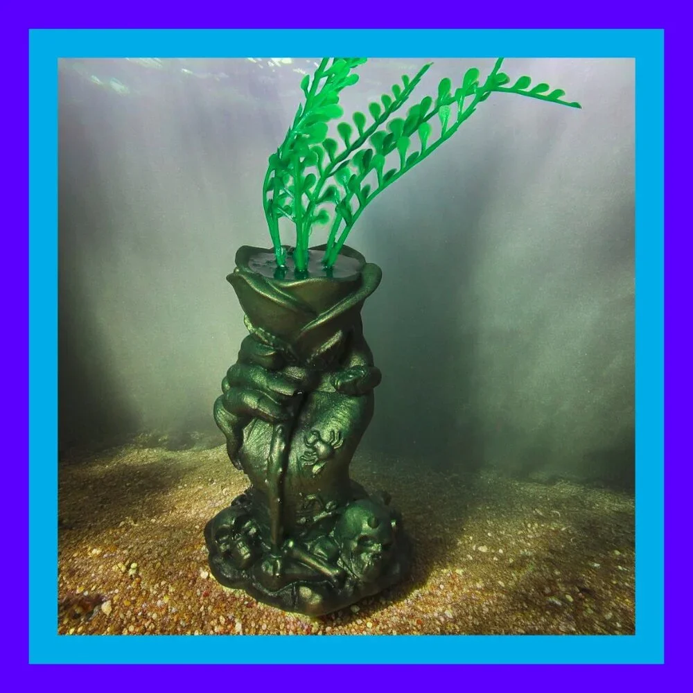 Aquarium Decoration - Creepy Hand with Green Fern Plant.